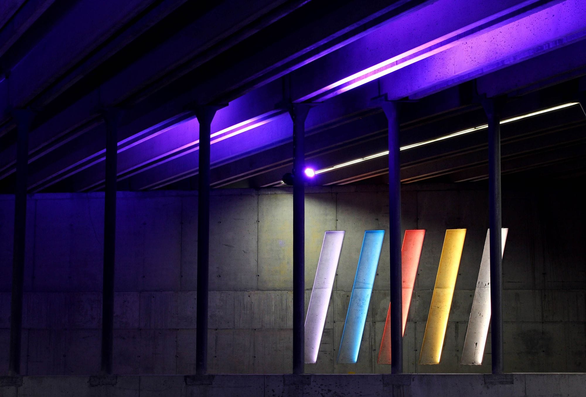 Multi color lighting design under a bridge